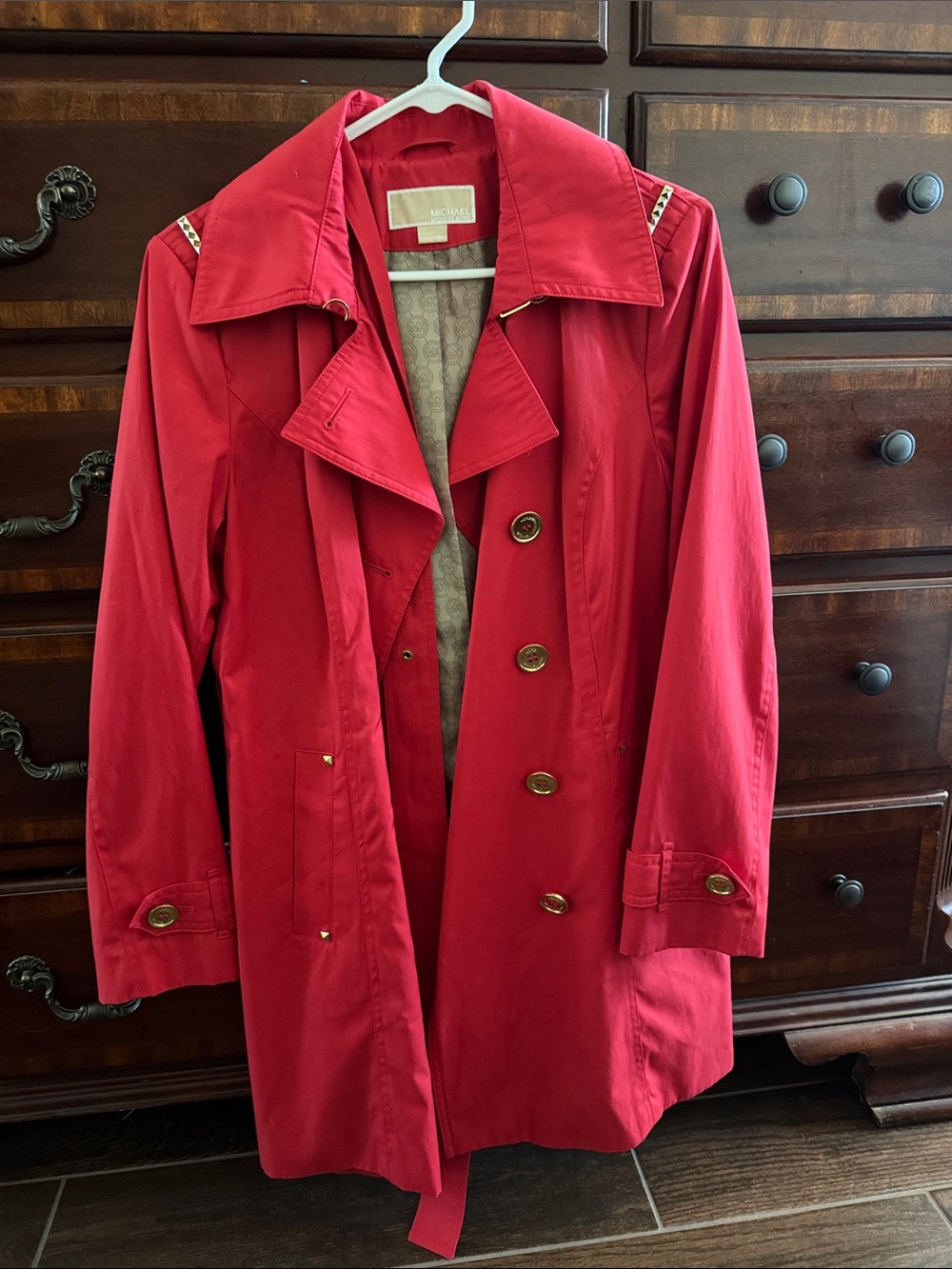 Michael Kors Vibrant Red Double-Breasted Trench Coat with Gold Buttons